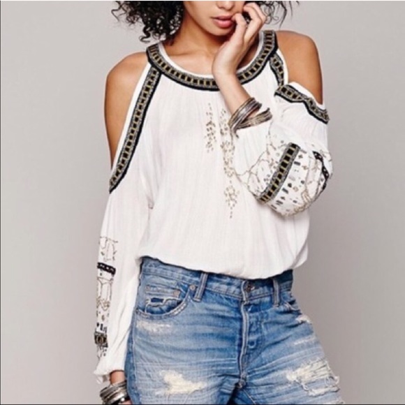 Free People Tops - Free People White Beaded Cold Shoulder Top